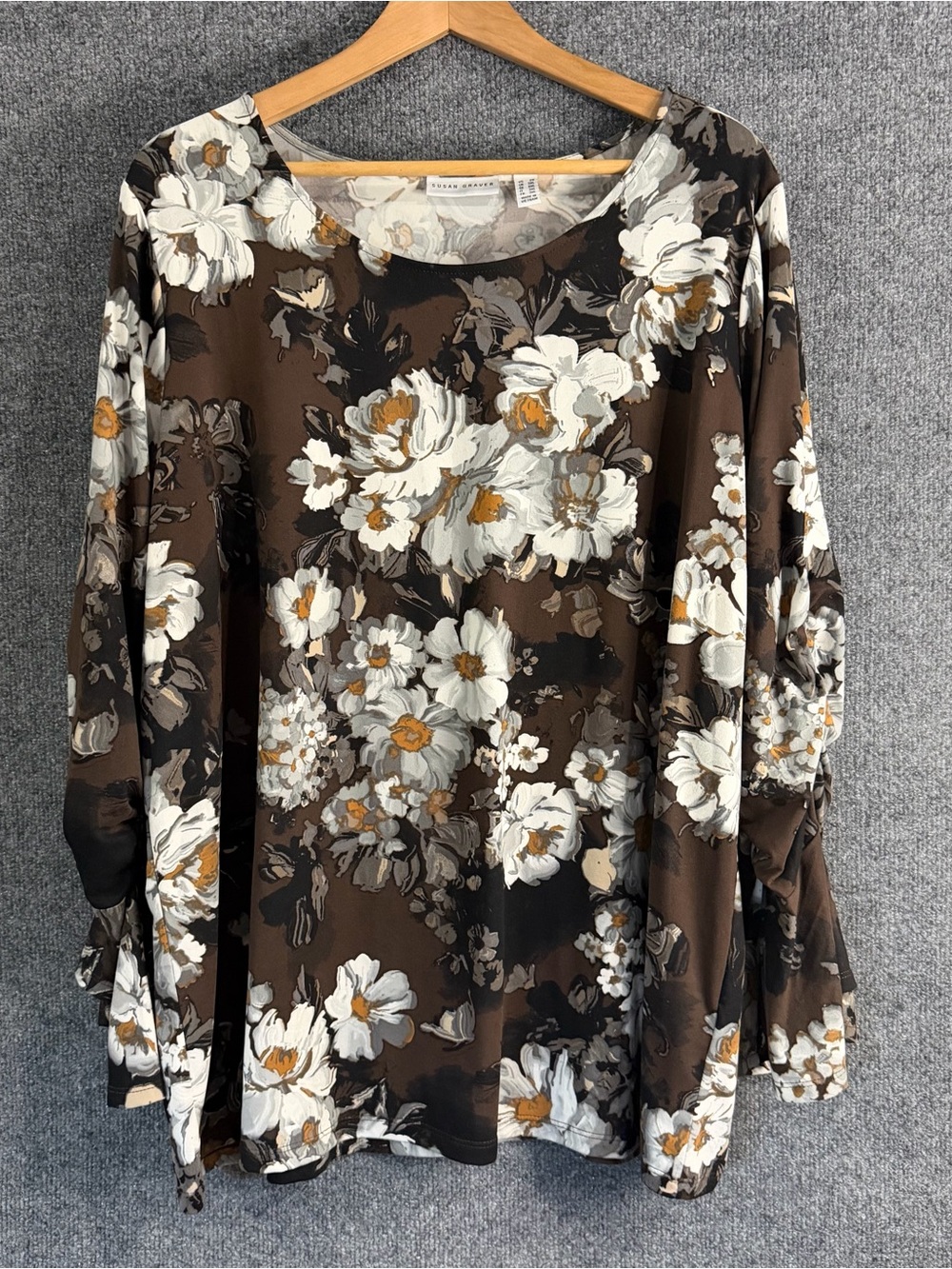 Susan Graver Womens 2X Brown Floral Liquid Knit Ruched Sleeve Tunic Top Blouse